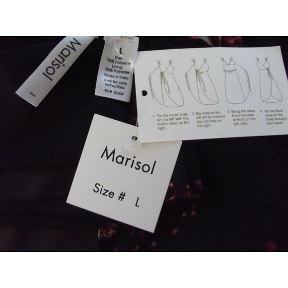 Marisol Maxi Dress Large Black Coral Red Floral Chiffon Wrap spaghetti straps NE - Picture 6 of 7